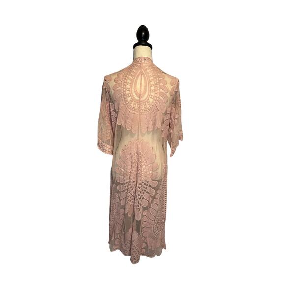 Rebellion Again Pink Sheer Floral Lace Long Open Front Cover Up Womens Sz Medium - Picture 4 of 7